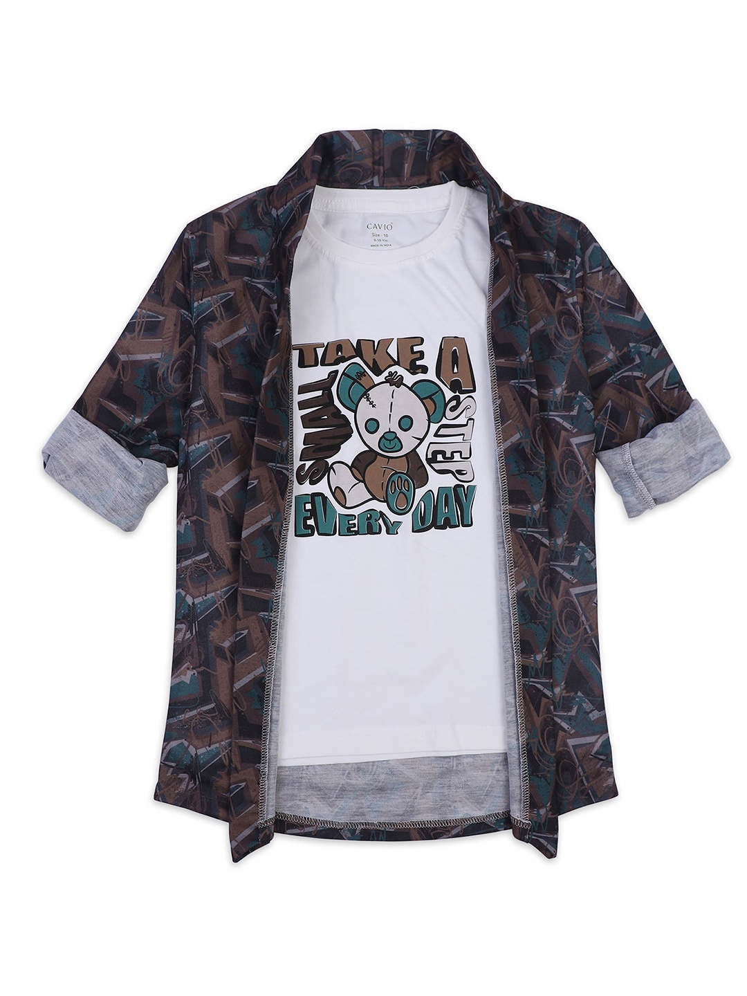 

CAVIO Boys Printed Collarless Jacket With T-shirt, Khaki