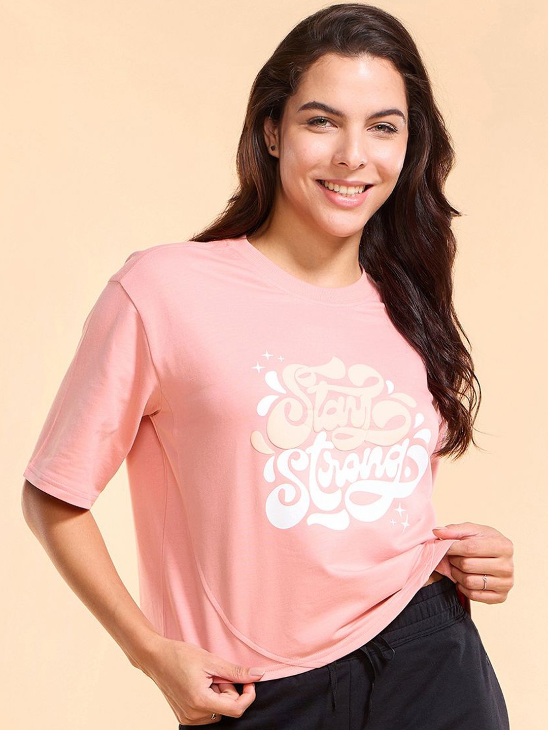 

Enamor Graphic Boxy Cotton Terry T Shirt-E3G4, Peach