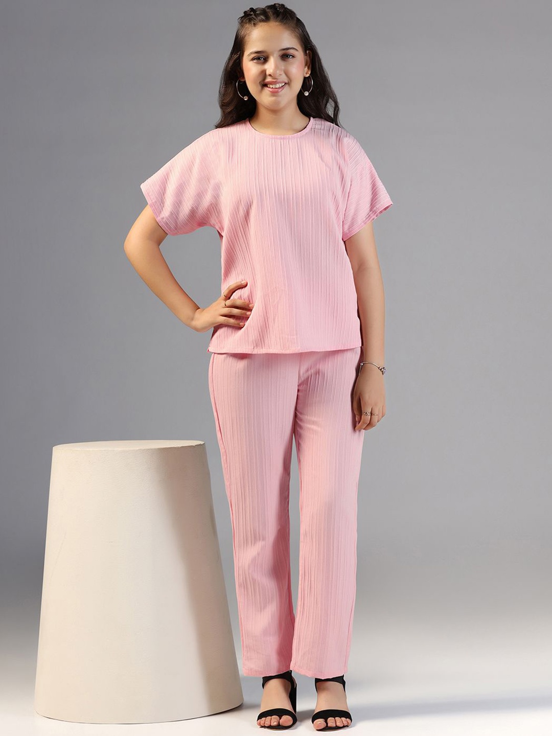 

OMPAX Round Neck Top with Trousers, Pink