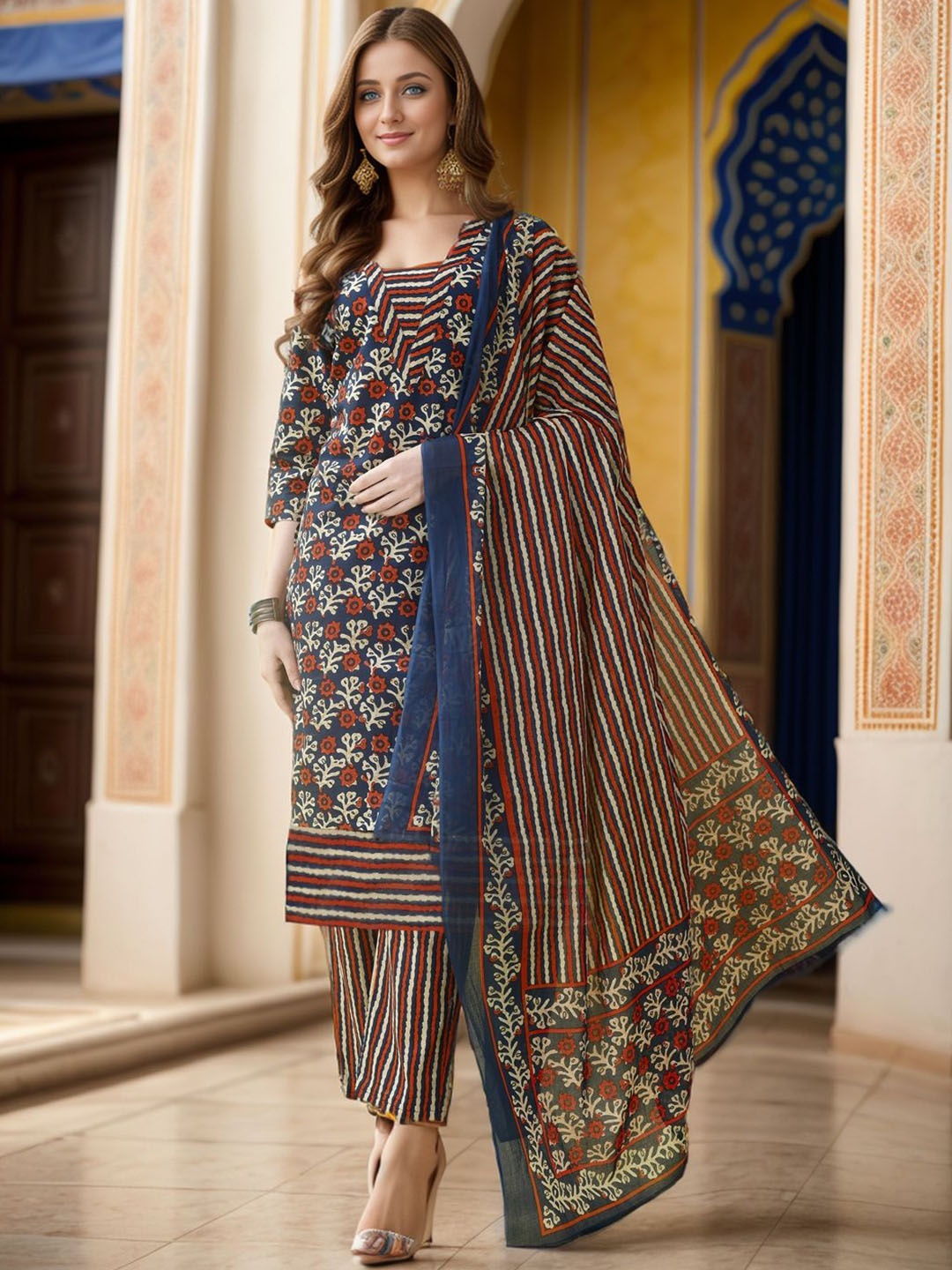 

KALINI Floral Printed Pure Cotton Kurta with Trousers & Dupatta, Blue