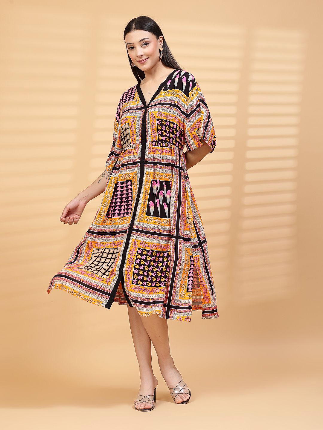 

House Of Zelena Women Printed Maternity A-Line Midi Dress, Orange