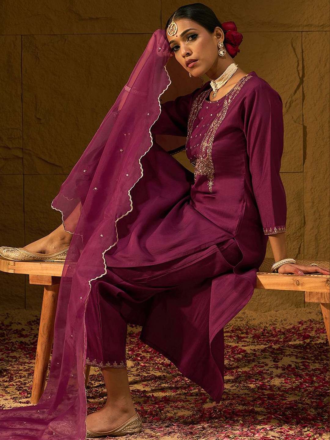 

Indo Era Ethnic Motifs Embroidered Sequinned Liva Straight Kurta With Trousers & Dupatta, Burgundy