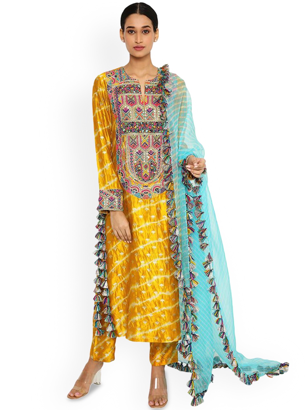 

Payal Singhal Ethnic Motifs Embroidered Kurta with Trousers & Dupatta, Mustard