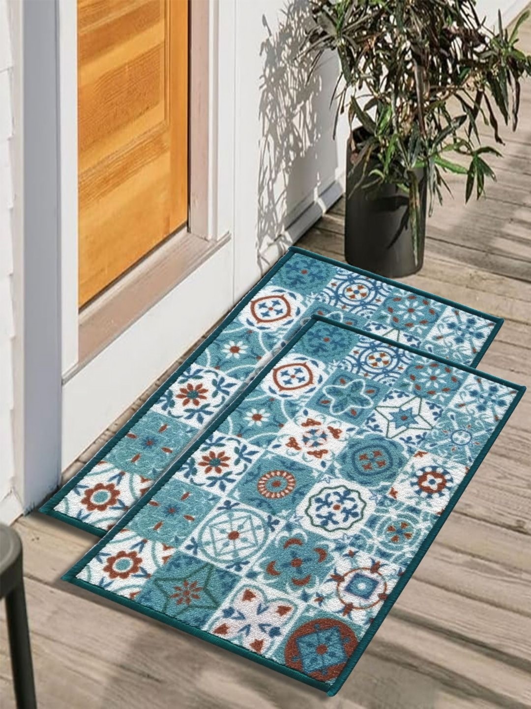 

Matz and More Blue & Red 2 Pieces Floral Printed Rectangle Anti-Skid Doormats
