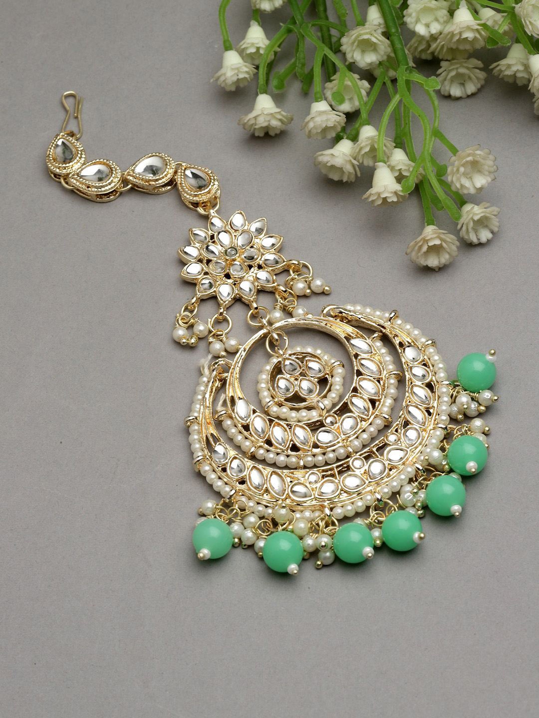 

ZENEME 18KT Gold-Plated Stones Studded & Beaded Maang Tikka