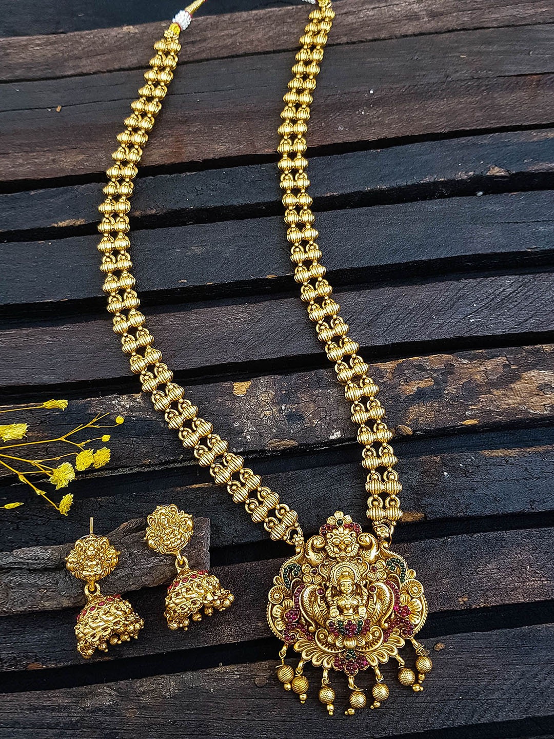 

GRIIHAM Gold Plated Cubic Zirconia Studded & Beaded Temple Jewellery Set