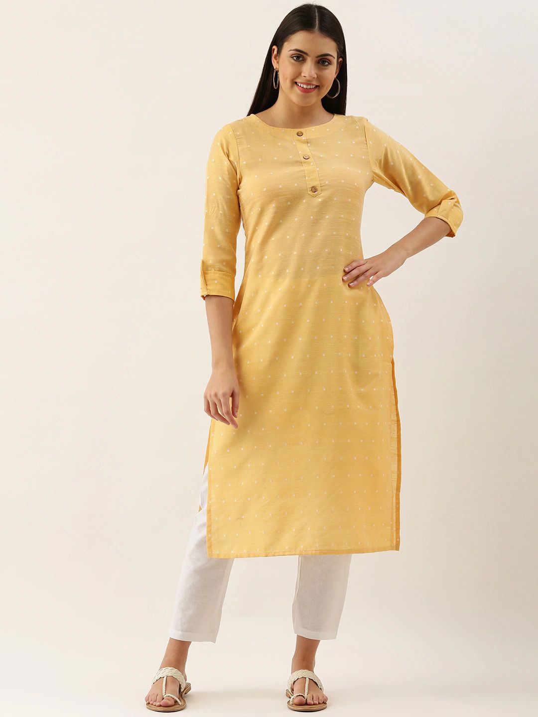 

KALINI Geometric Woven Design Roll-Up Sleeves Silk Straight Kurta, Yellow