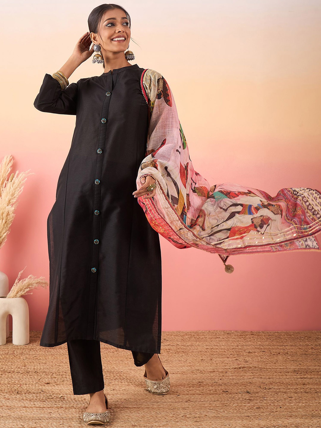 

Madhuni Mandarin Collar Straight Kurta With Trousers & Dupatta, Black