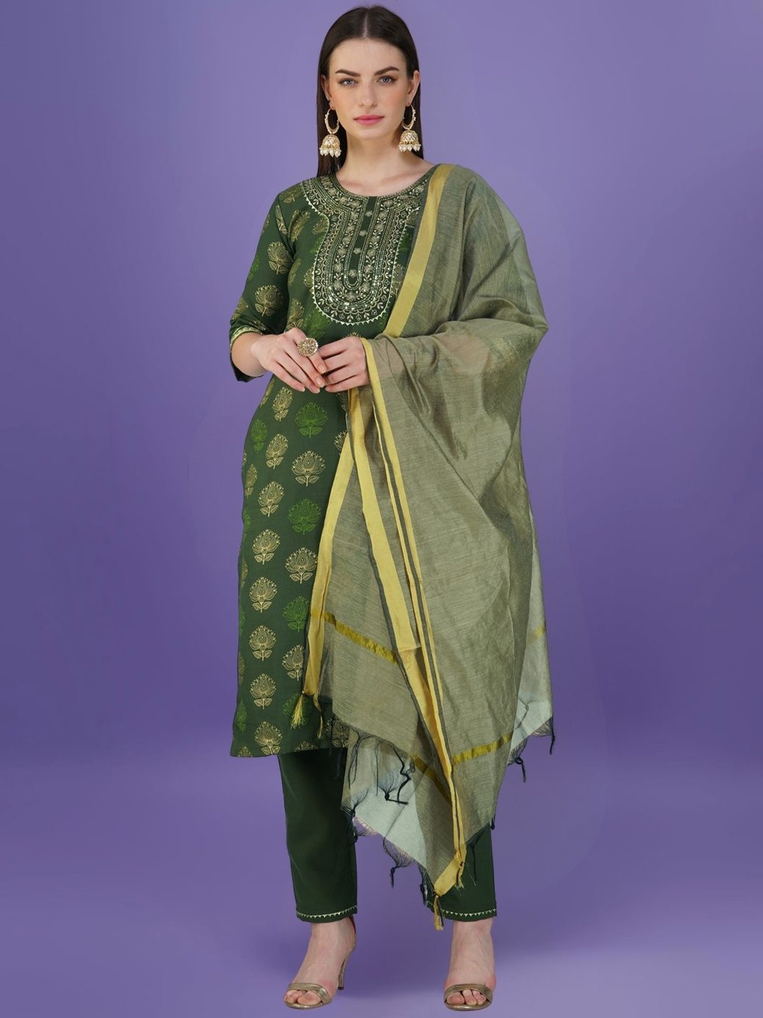

KAZIA Floral Printed Thread Work Straight Kurta with Trousers & Dupatta, Green