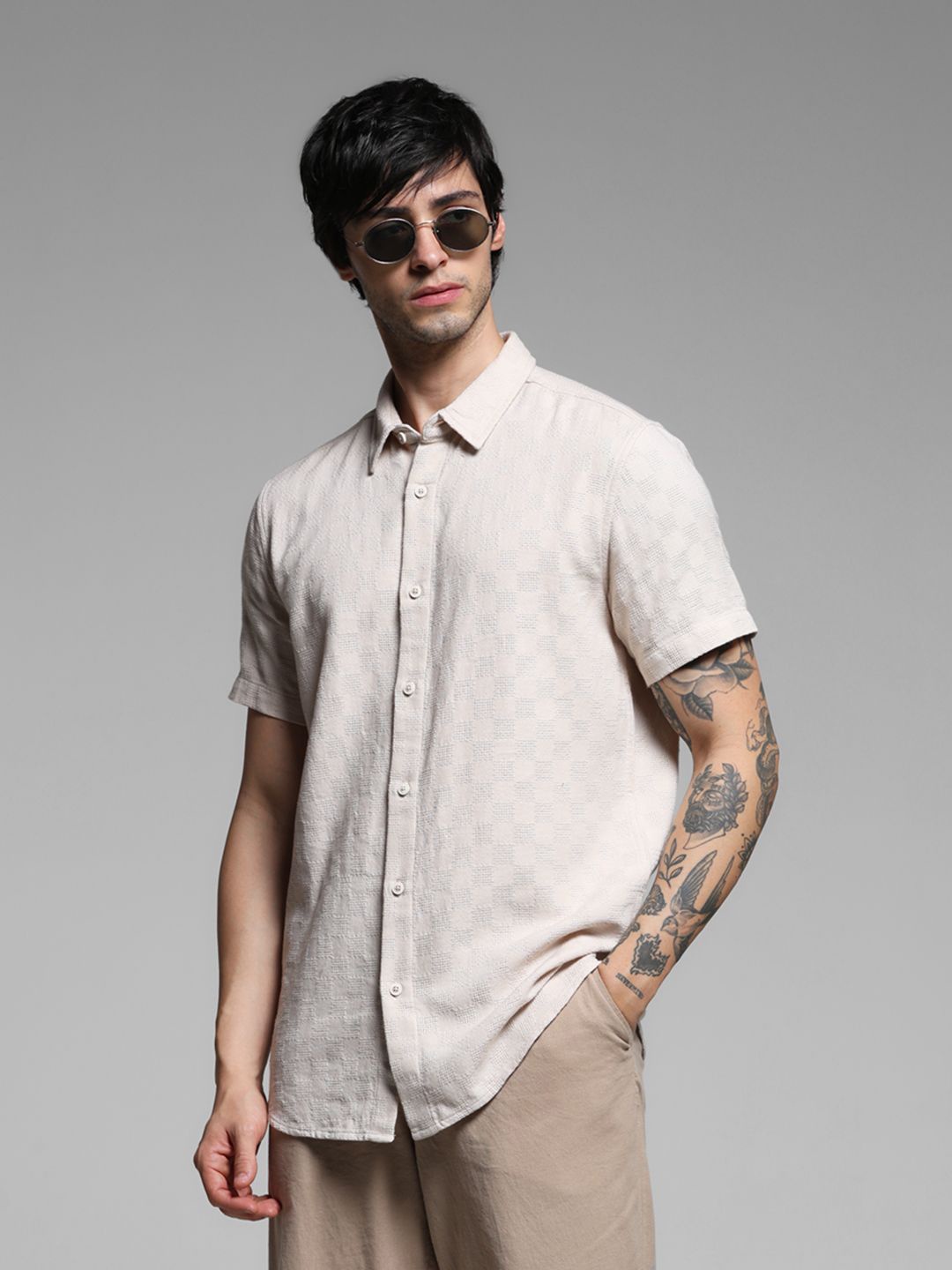 

Jack & Jones Men Spread Collar Solid Cotton Casual Shirt, Beige