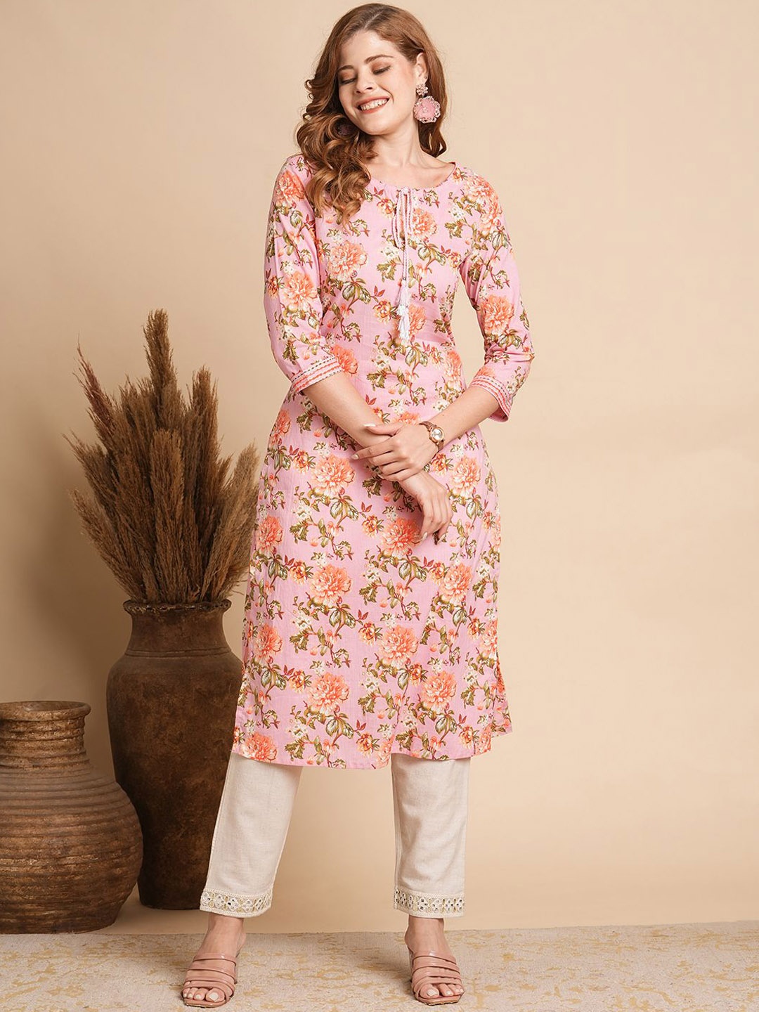 

FASHOR Floral Printed Tie-Up Neck Pure Cotton Straight Kurta, Pink