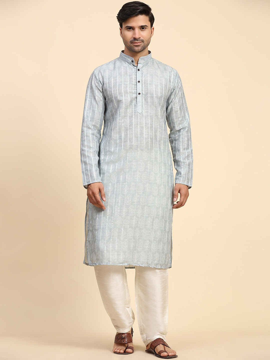 

Rawayi Striped Band Collar Cotton Straight Kurta, Grey