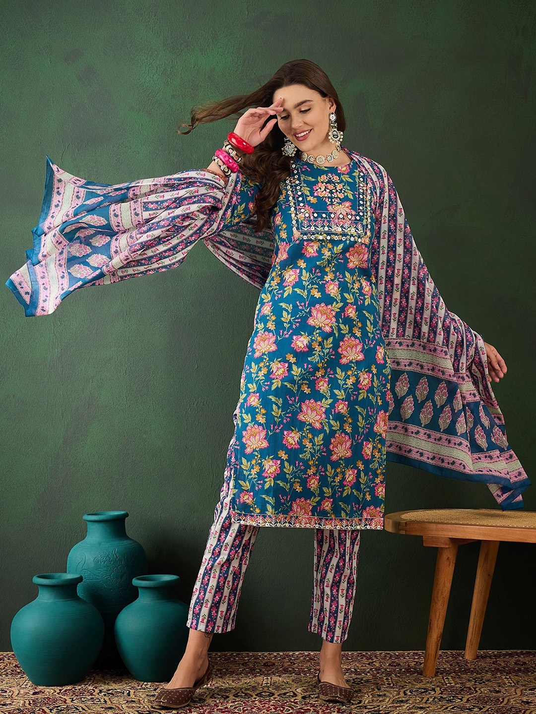 

Sangria Floral Printed Pure Cotton Straight Kurta & Trousers With Dupatta, Teal
