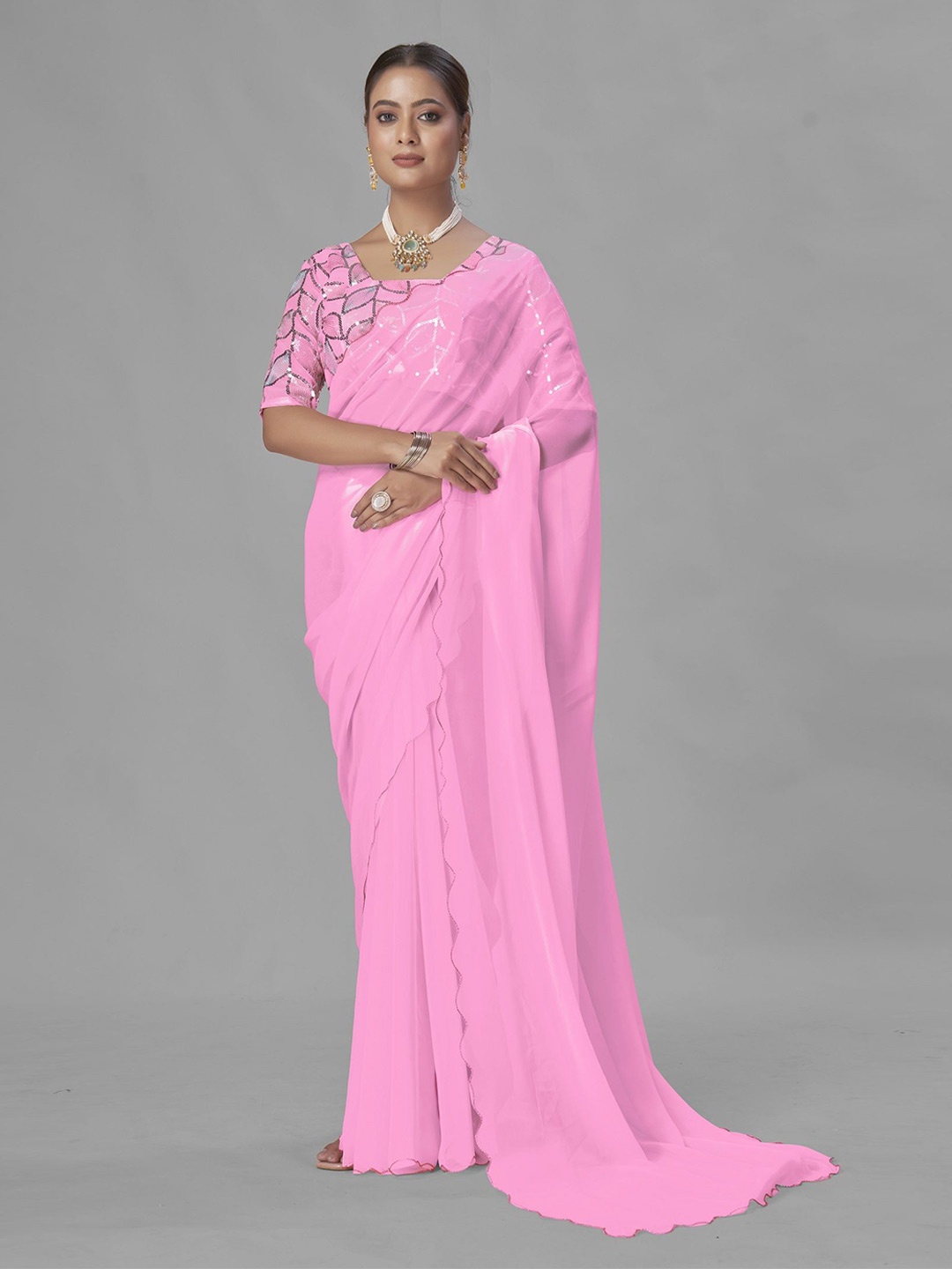 

LADY SHOPI Embroidered Pure Georgette Saree, Pink