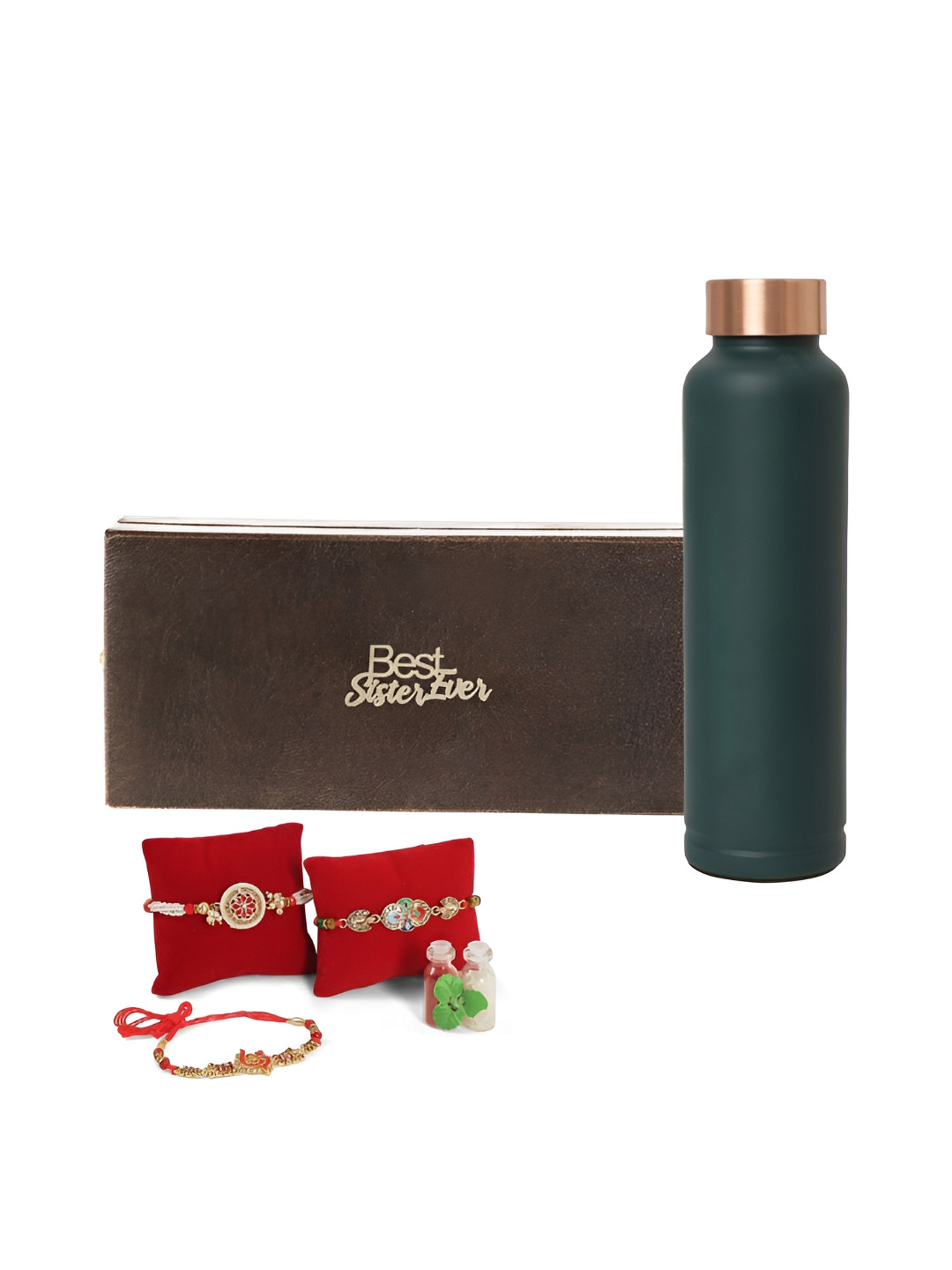 

INTERNATIONAL GIFT Set Of 4 Beaded Rakhis With Water Bottle & Roli Chawal, Green
