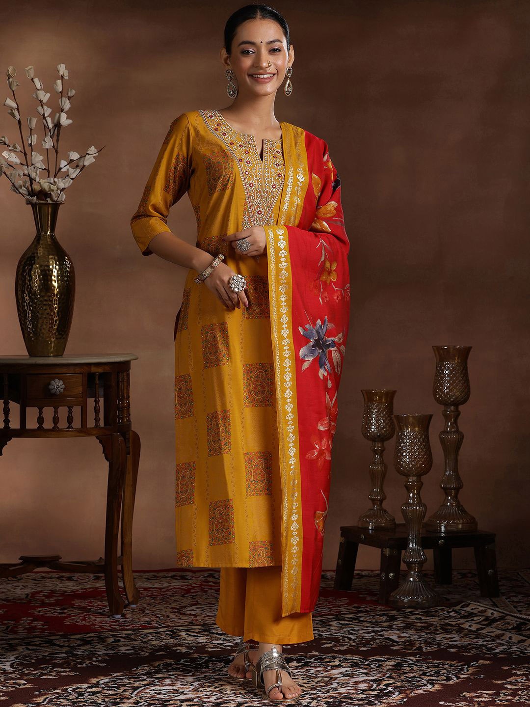 

Libas Paisley Printed Thread Work Notch Neck Straight Kurta with Trousers & Dupatta, Mustard