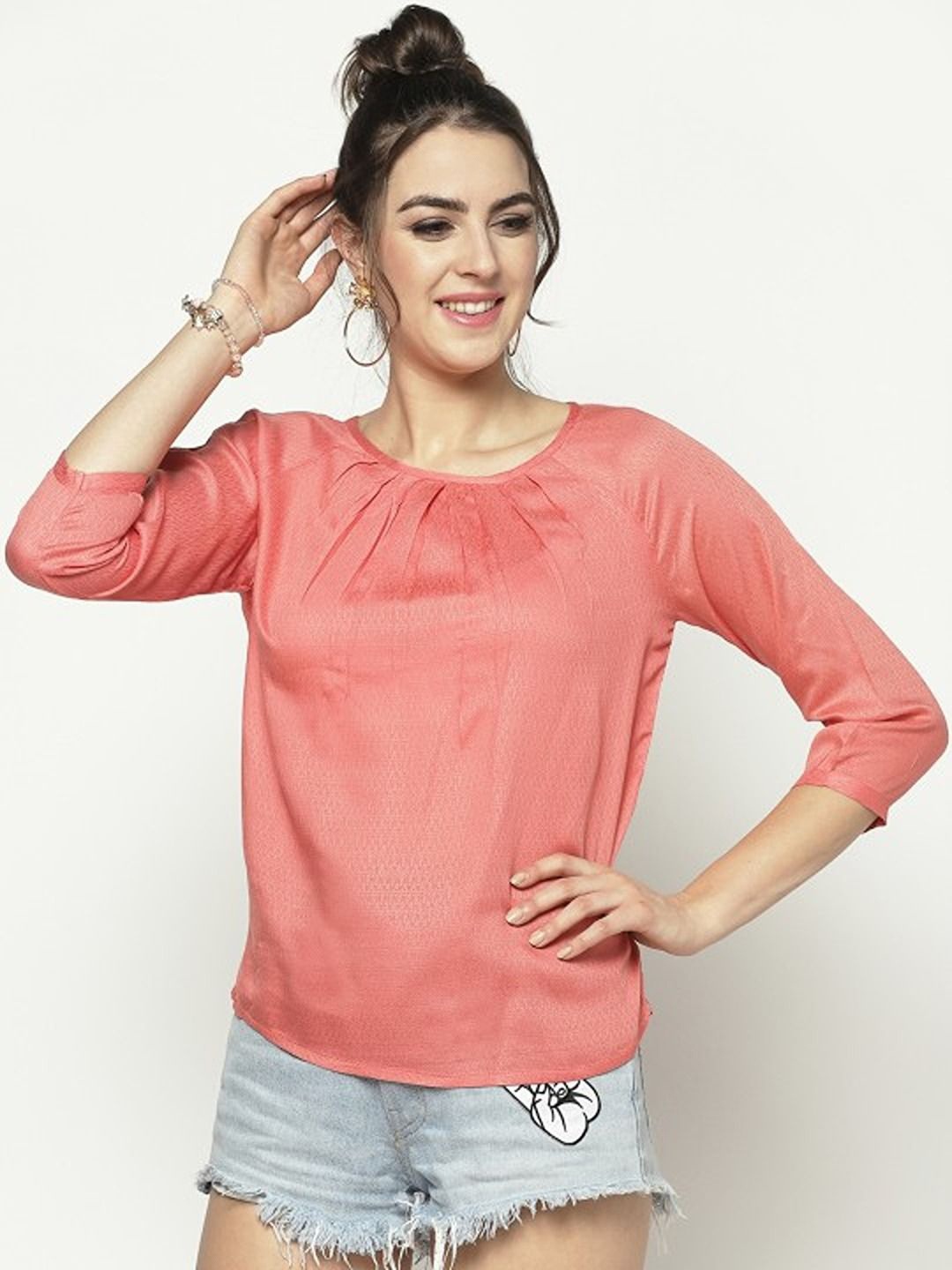 

Sera Women Solid Round Neck Top, Peach