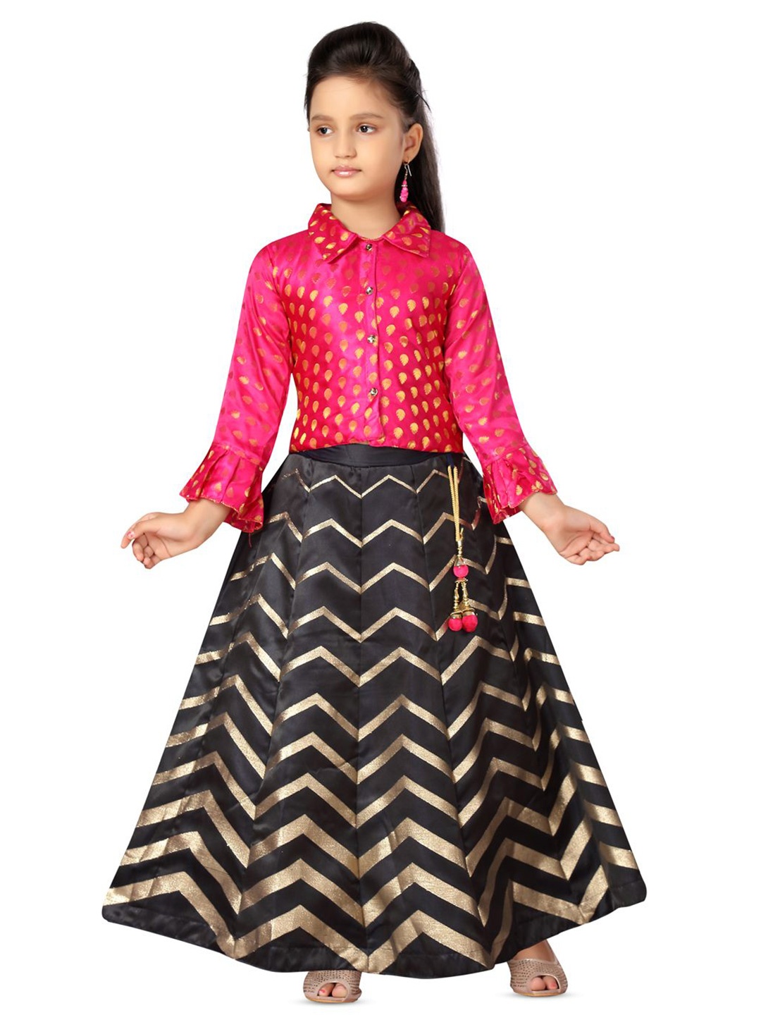 

BAESD Girls Woven Design Shirt Collar Silk Top With Skirt, Pink