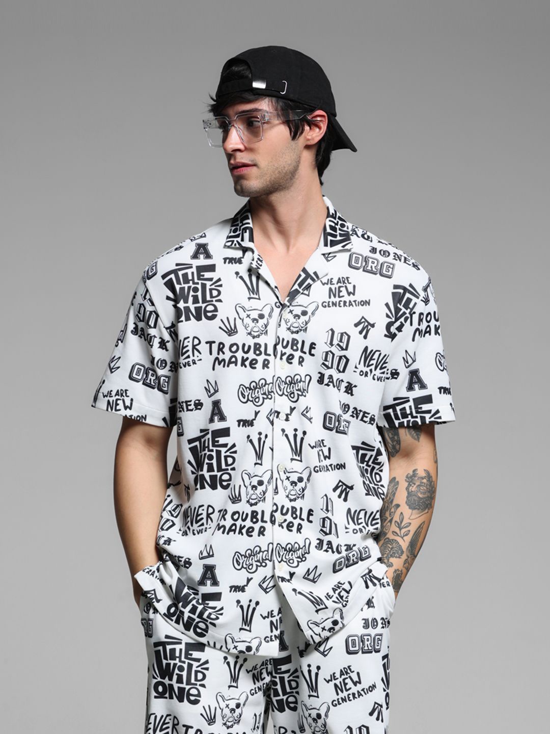 

Jack & Jones Men Cuban Collar Typography Printed Casual Shirt, White