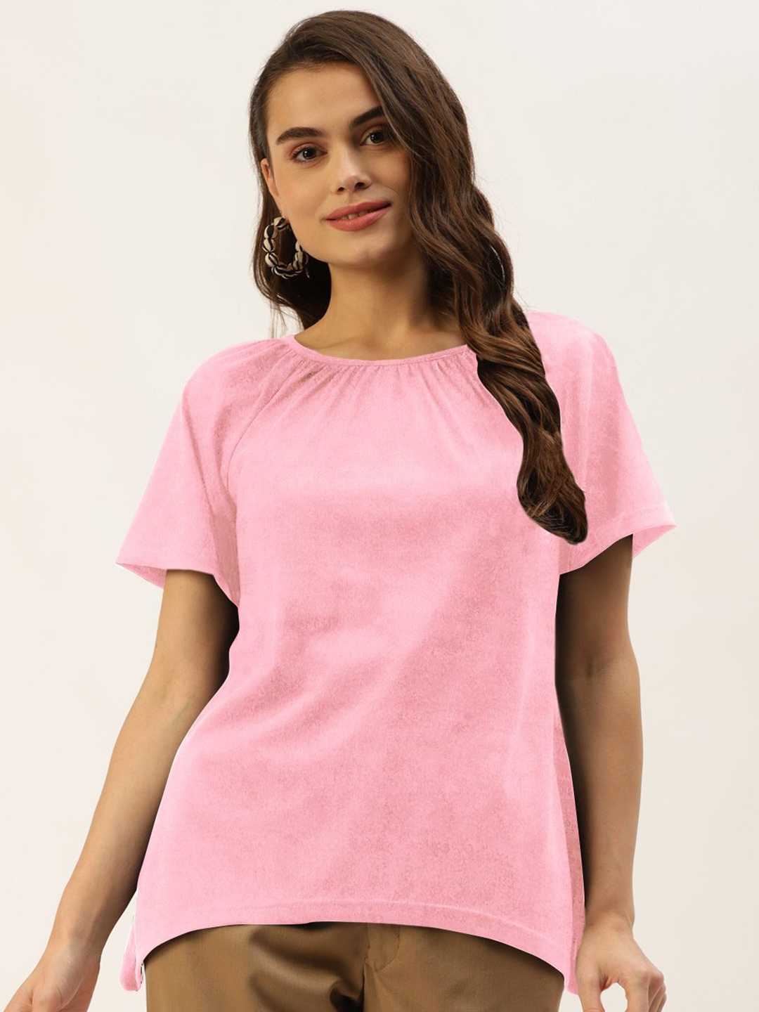 

BRINNS Women Solid Round Neck Cotton Top, Pink