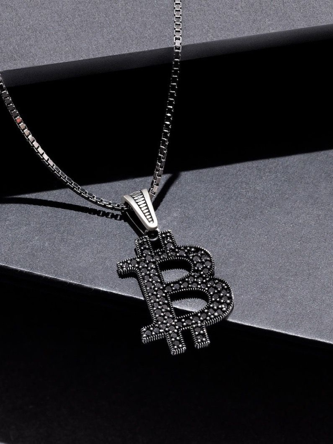 

ORIONZ Bitcoin Monogram Stones Studded Oxidised Silver Pendant