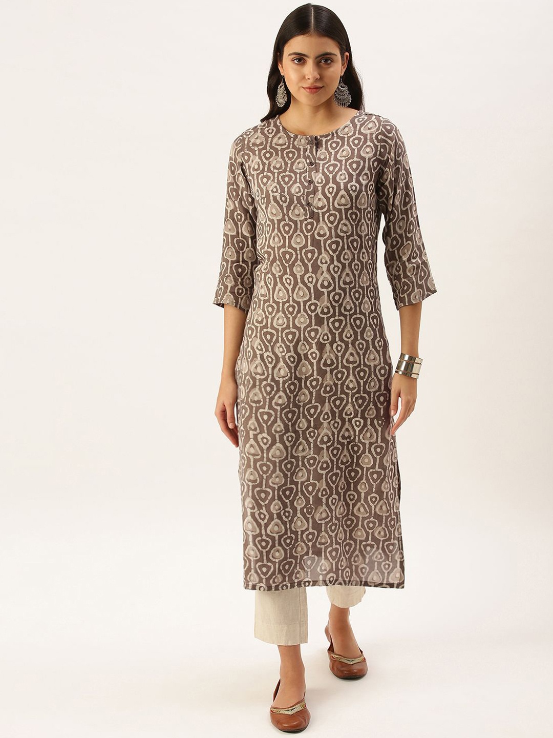 

KALINI Geometric Printed Regular Straight Kurta, Brown