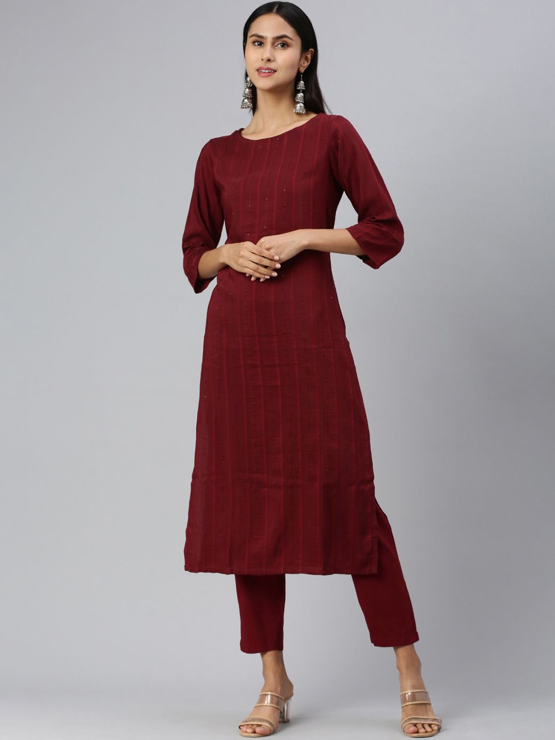 

KALINI Striped Round Neck Straight Kurta With Trousers, Maroon