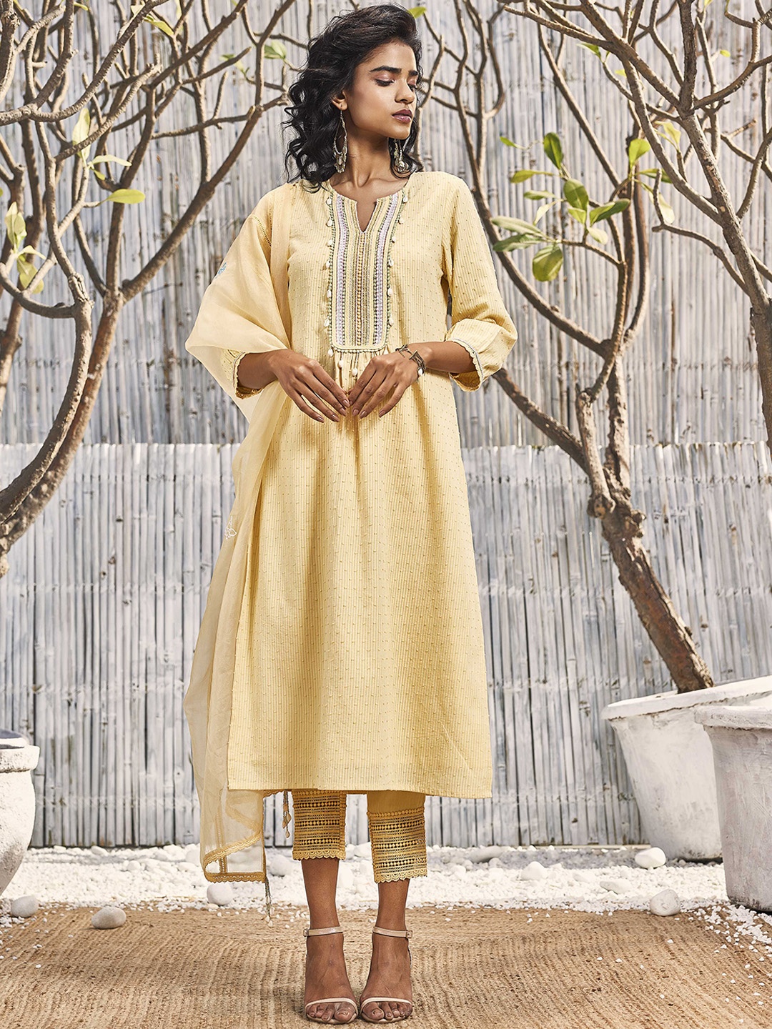 

charkhee Ethnic Motifs Yoke Design Regular Pure Cotton A-Line Kurta with Pyjamas, Yellow