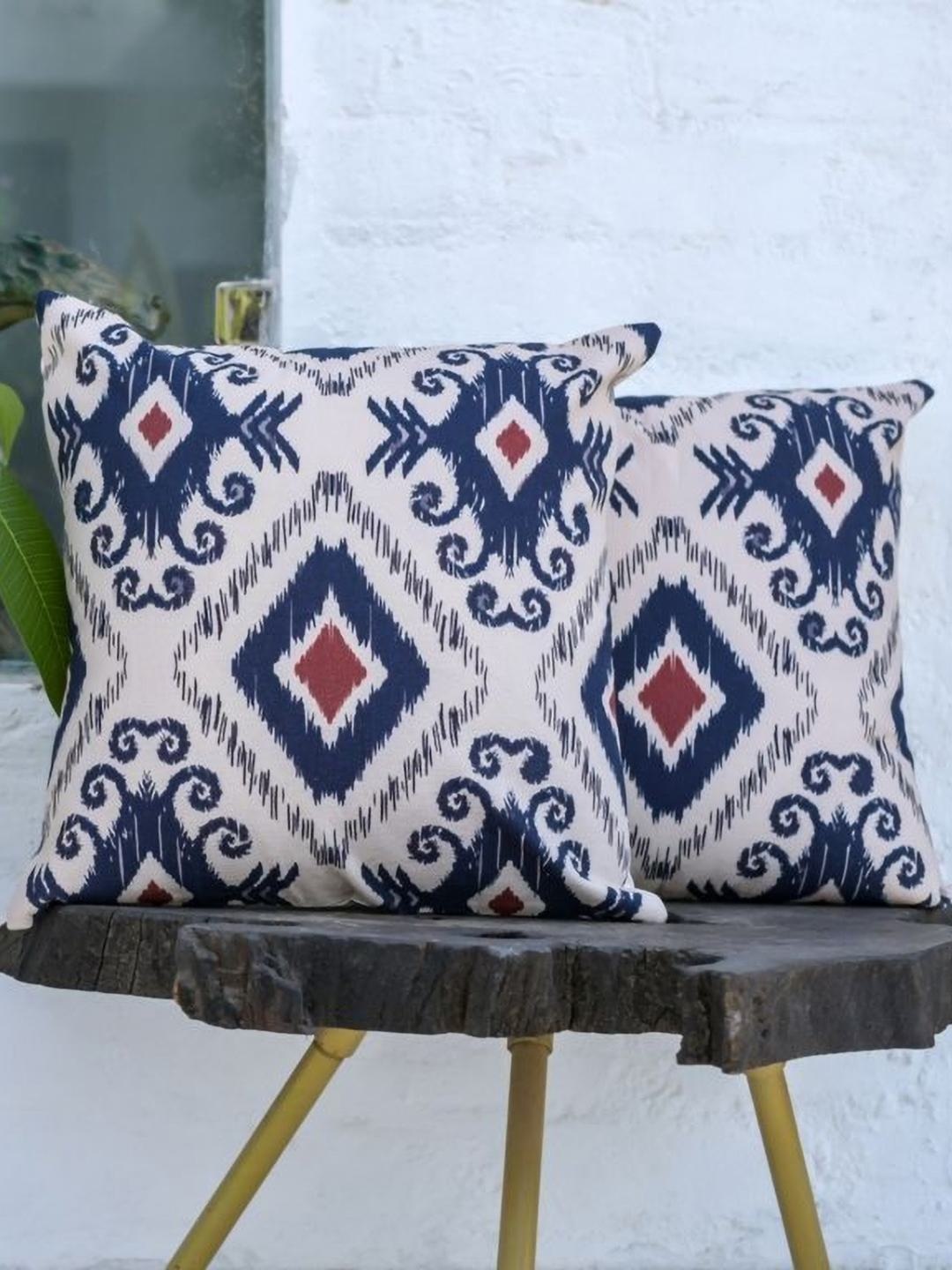 

ABSTRACT INDIA White & Blue Ethnic Motifs Cotton Square Cushion Cover