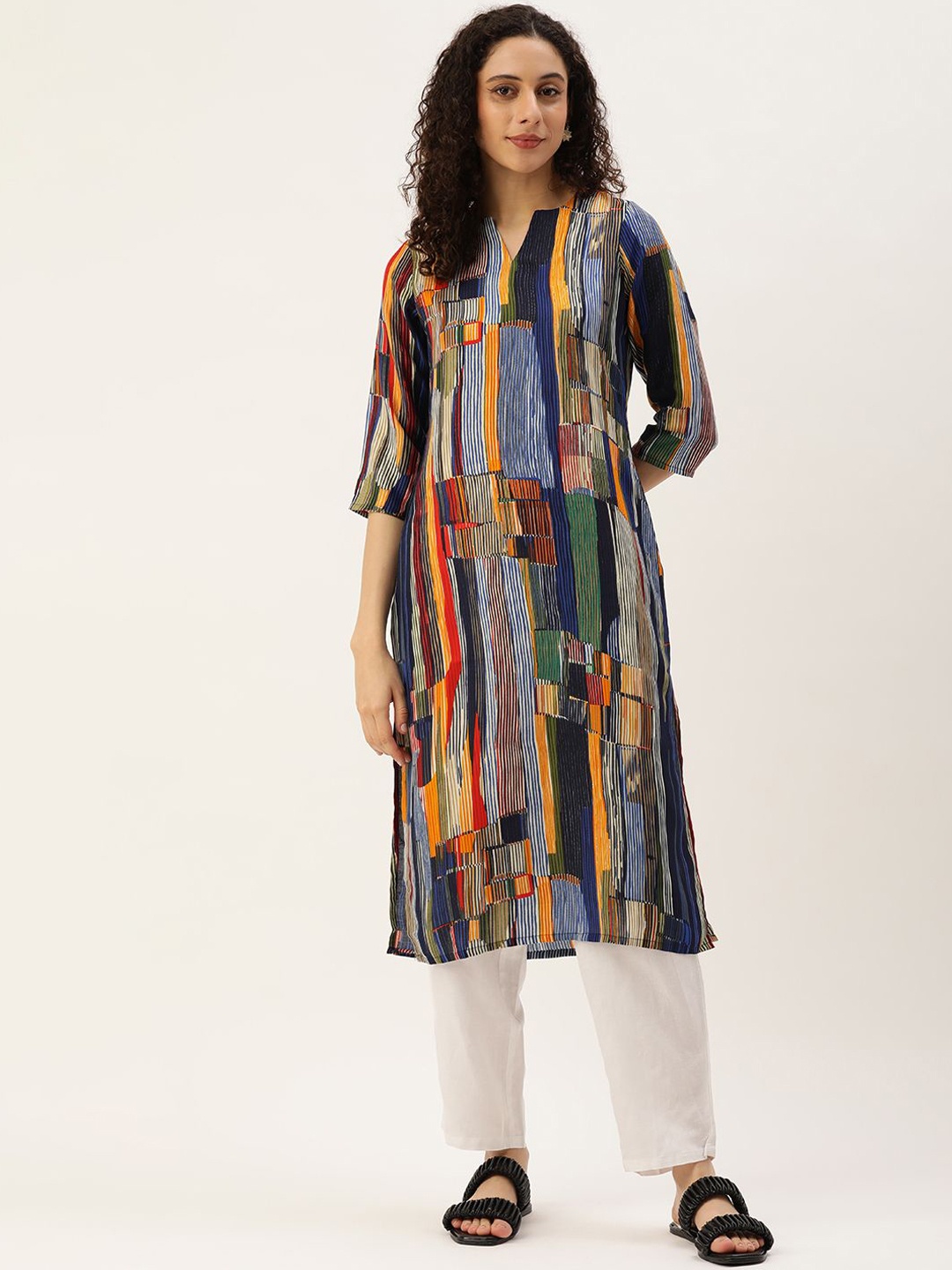 

KALINI Stripes Printed Straight Kurta, Blue