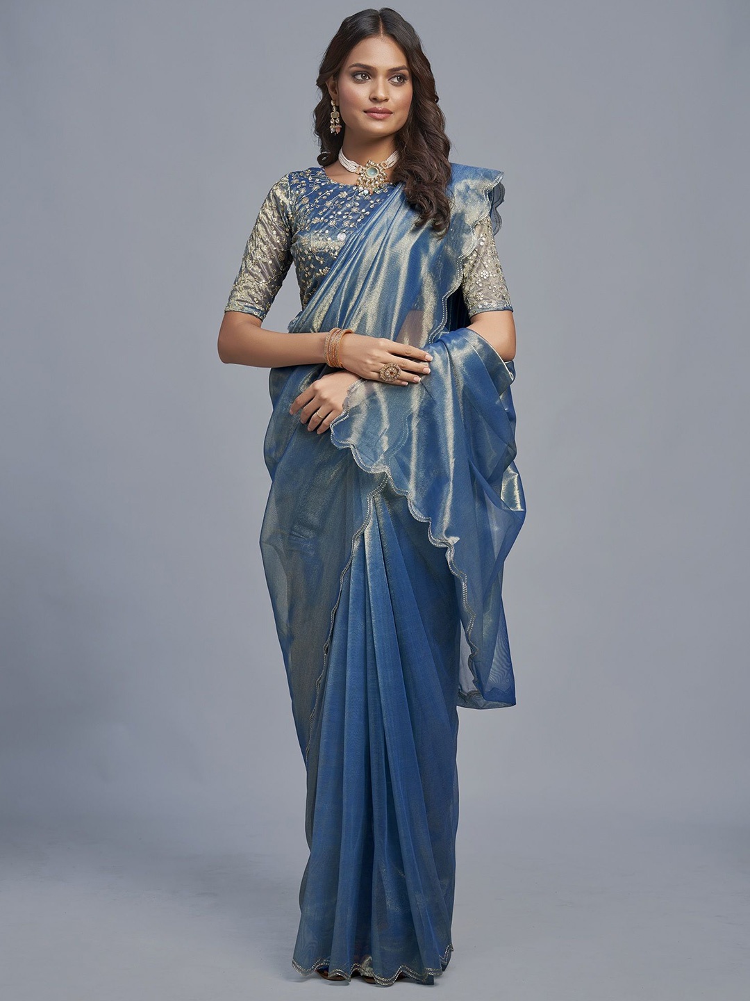 

LADY SHOPI Embroidered Organza Saree, Blue