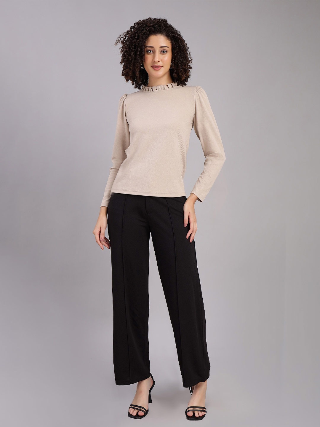 

VISO Women Solid Round Neck Top, Beige