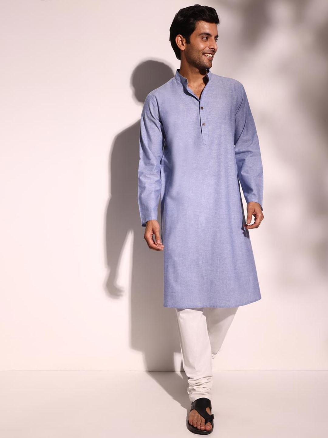 

Fabindia Comfort Fit Band Collar Pure Cotton Straight Kurta, Blue