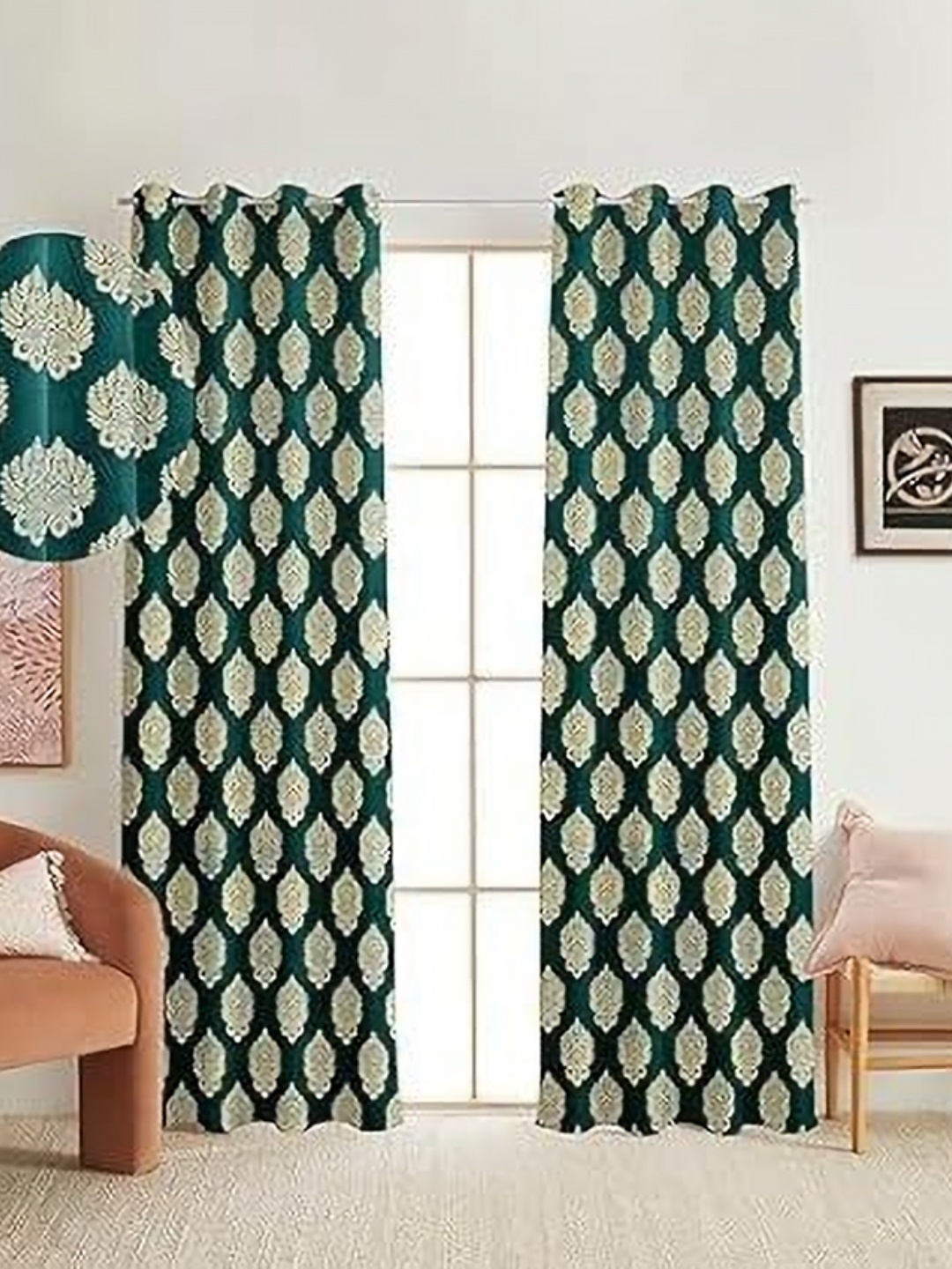 

Banchmark Home Furnishings Green & Gold-Toned Set of 2 Floral Window Curtain