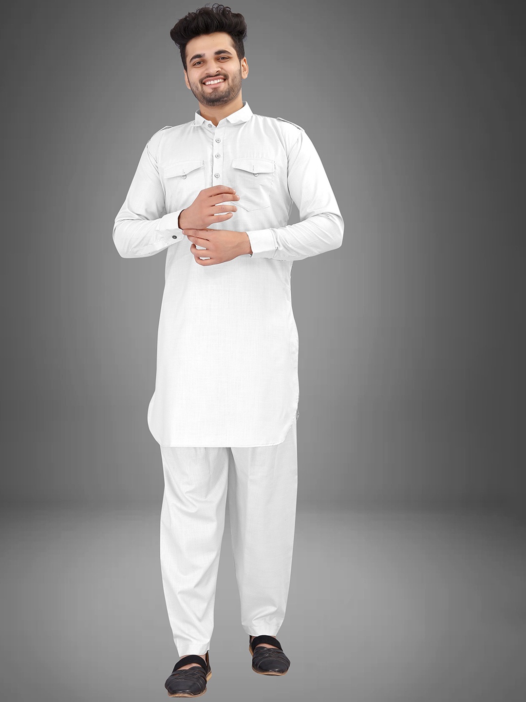 

trustous Shirt Collar Pocket Detailing Pure Cotton Pathani Straight Kurta With Salwar, White