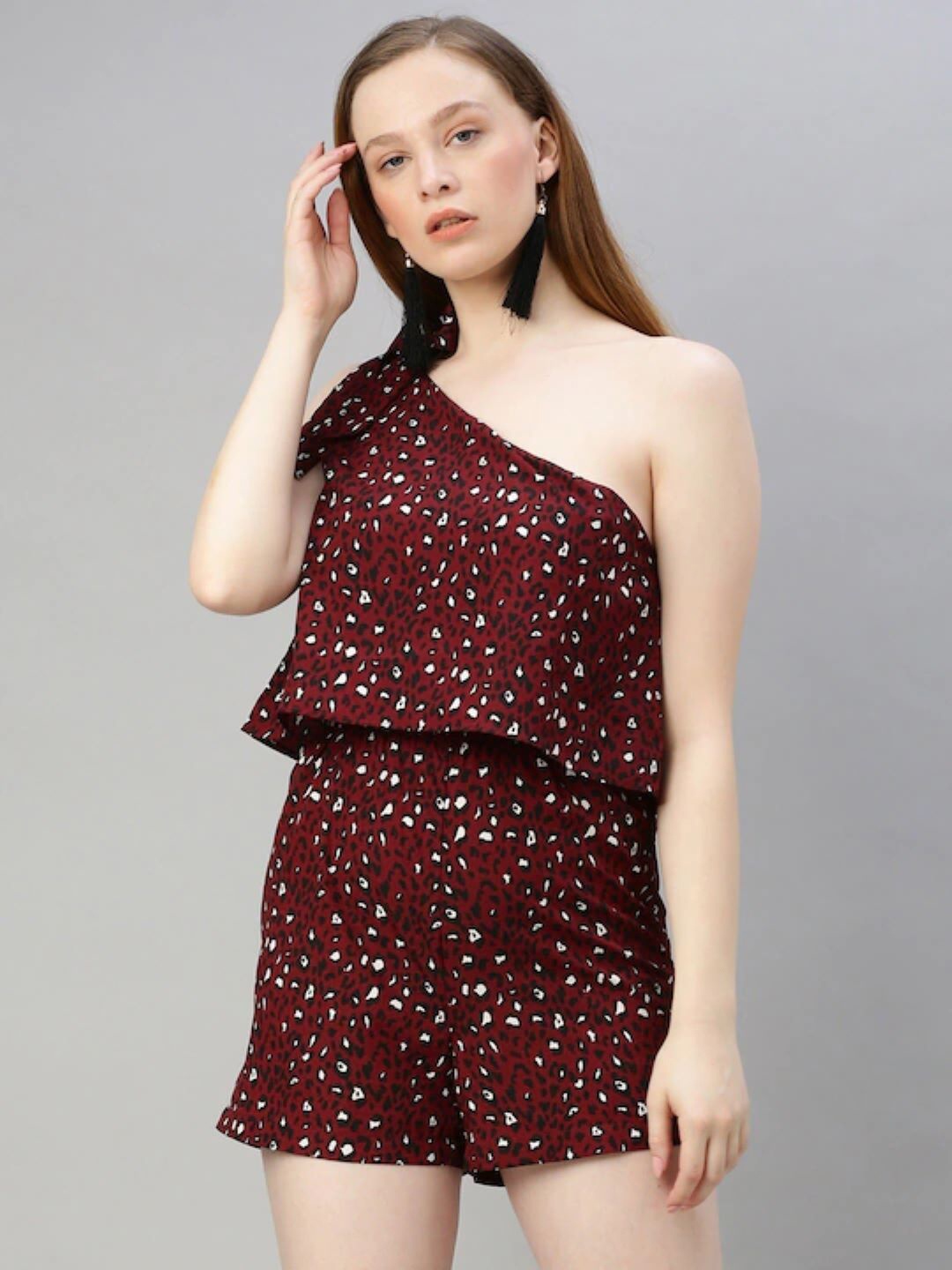 

Sera Printed One Shoulder Playsuit, Burgundy