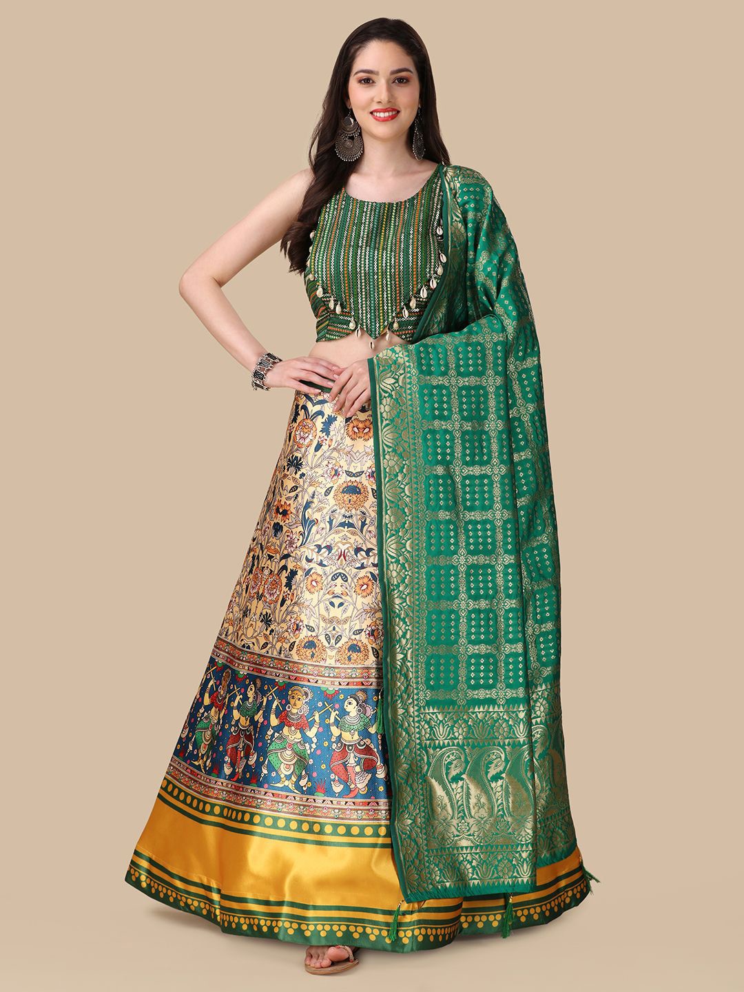 

Kaizen TEXO FAB Printed Satin Semi-Stitched Lehenga & Unstitched Blouse With Dupatta, Teal