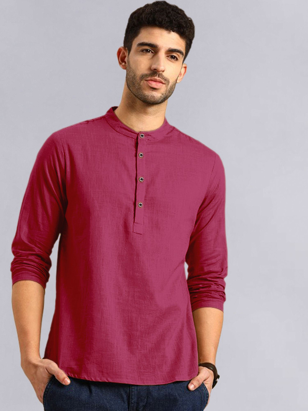 

ADWYN PETER Mandarin Collar Pure Cotton Straight Kurta, Purple