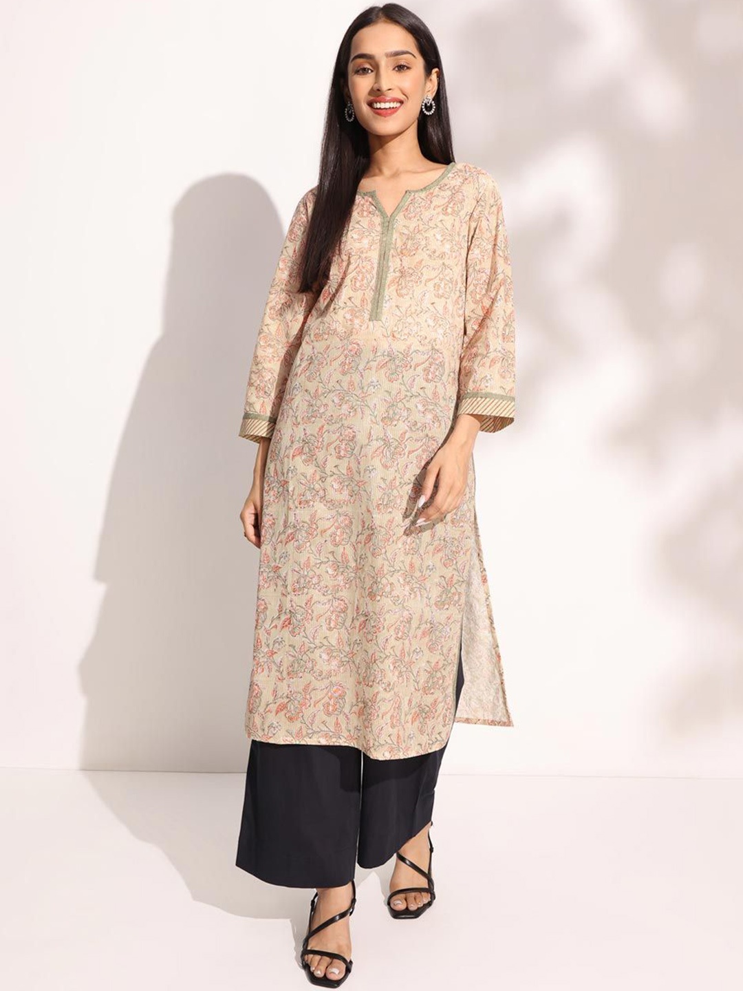 

Fabindia Floral Printed Round Neck Pure Cotton Straight Kurta, Beige