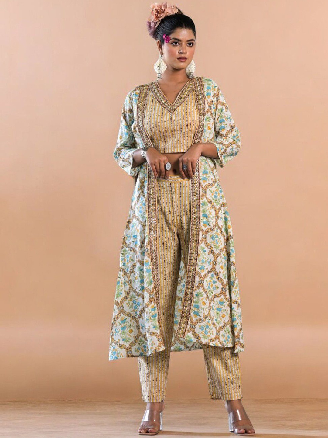 

ARAVALII Printed Cotton Top With Trousers & Shrug, Beige