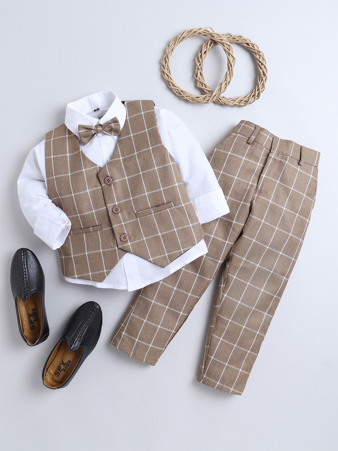 

Jeetethnics Boys Checked Shirt With Trousers And Waistcoat, Khaki