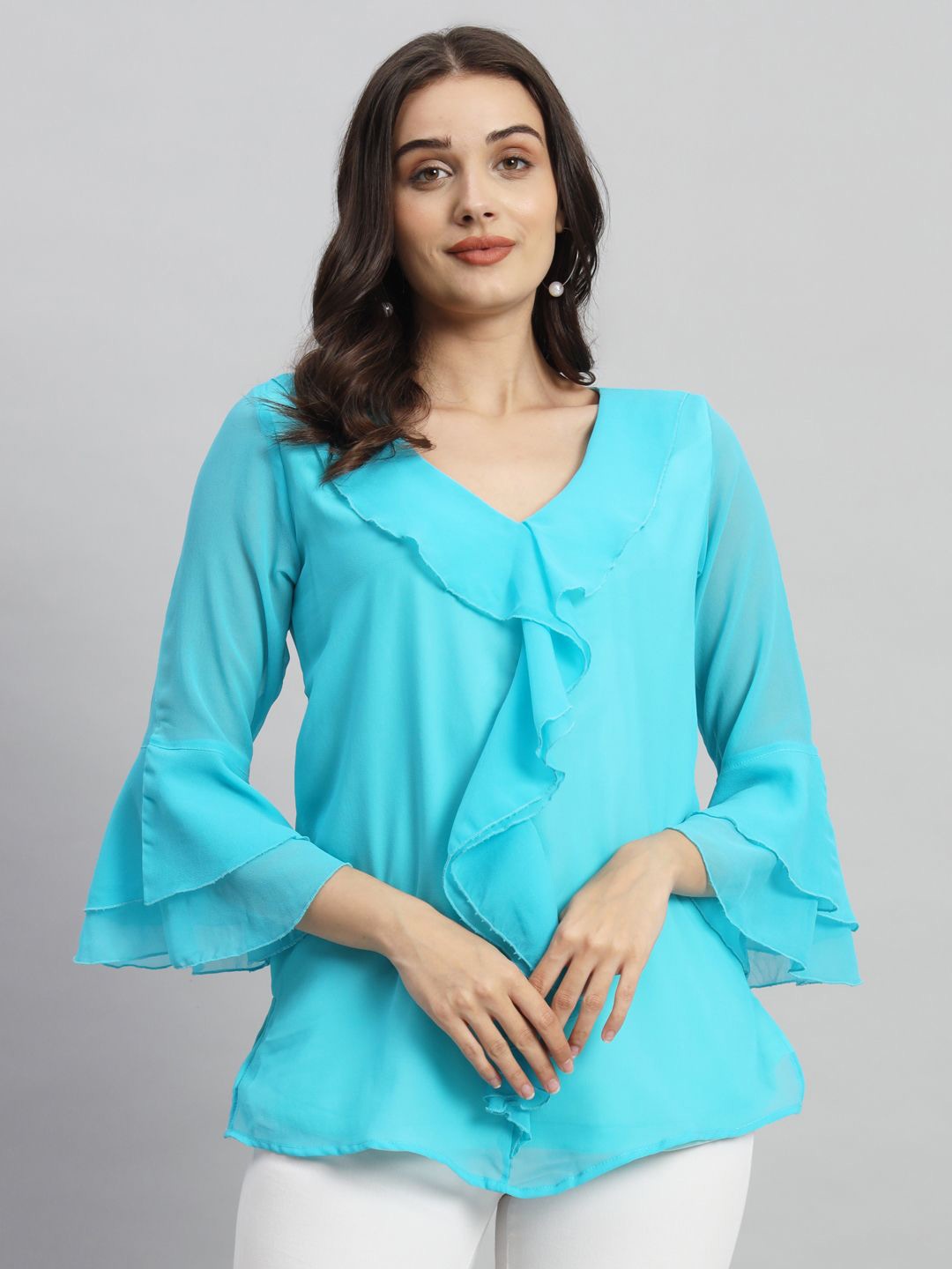 

Curvydrobe Women Solid V-Neck Top, Turquoise blue
