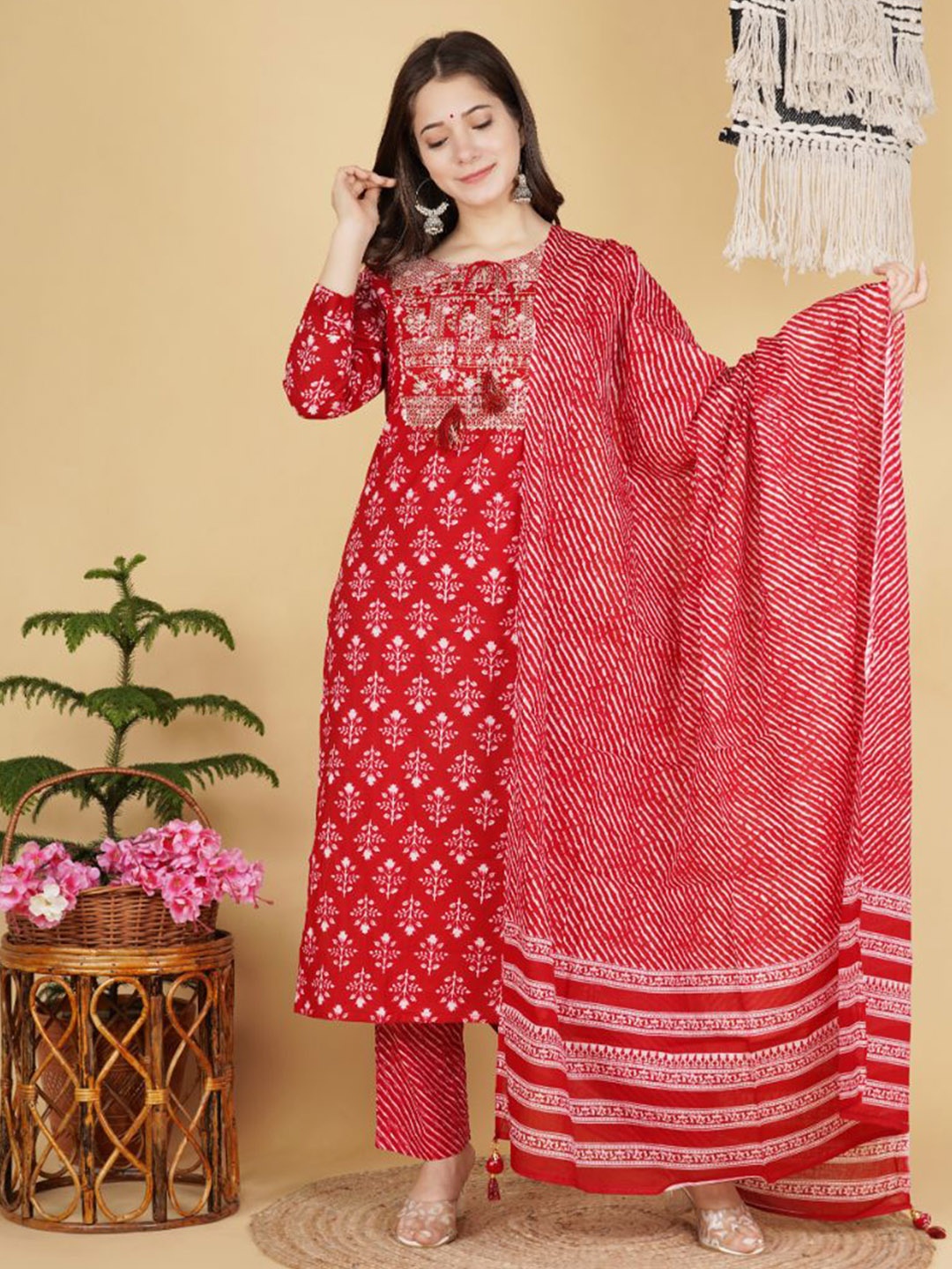 

KALINI Floral Printed Tie-Up Neck Pure Cotton Straight Kurta With Trousers & Dupatta, Red