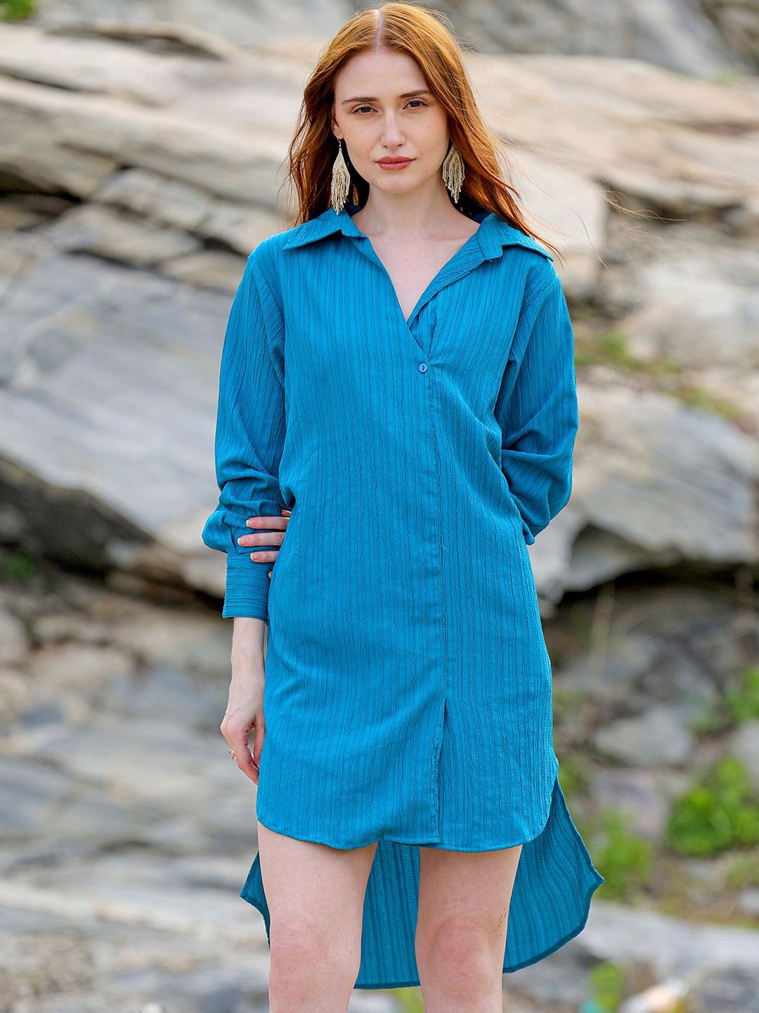 

Freehand by The Indian Garage Co Shirt Collar Cuffed Sleeves Shirt Dress, Blue