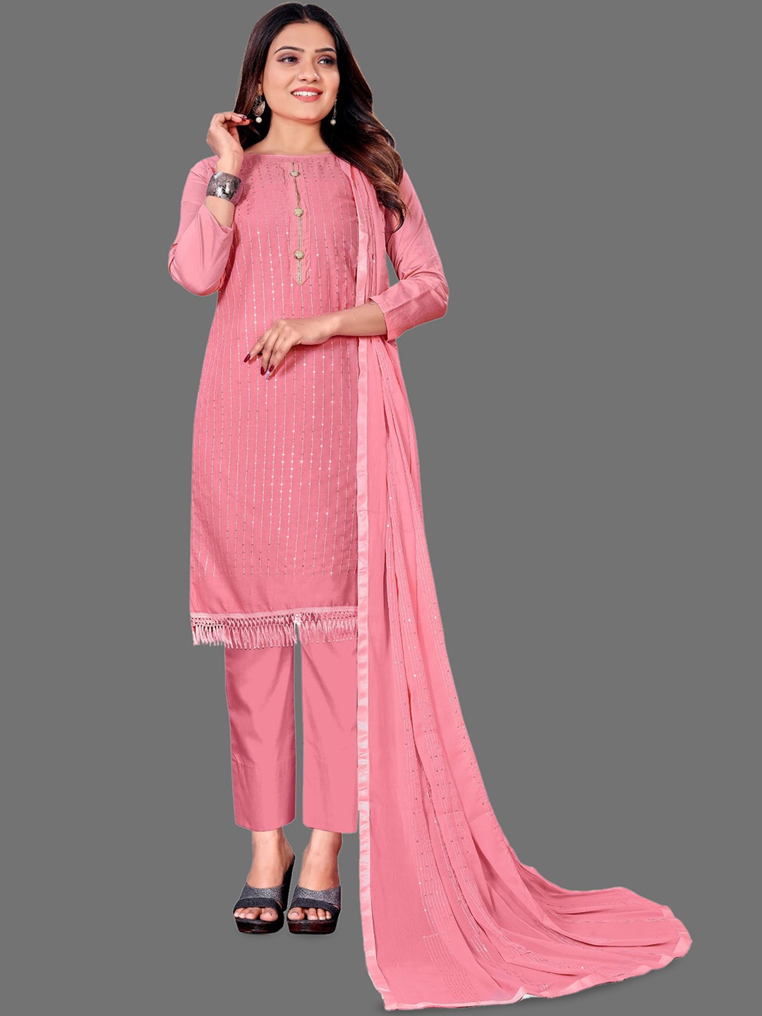 

LADY SHOPI Striped Embroidered Unstitched Dress Material, Pink