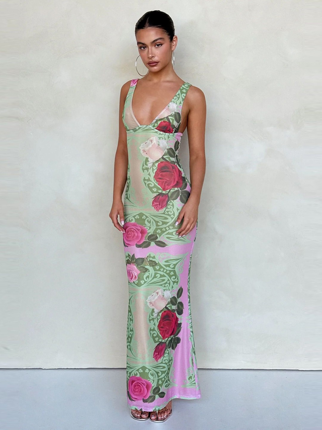 

LULU & SKY V-Neck Floral Fishtail Sheath Maxi Dress, Green