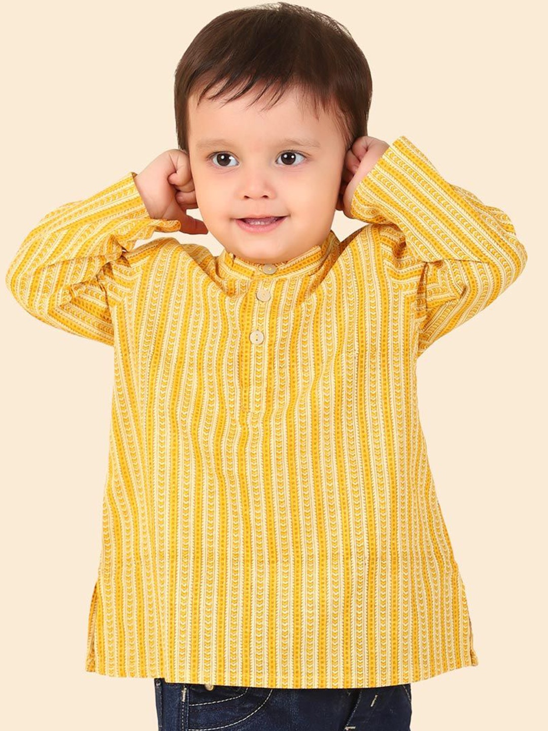 

Fabindia Boys Striped Band Collar Pure Cotton Kurta, Yellow