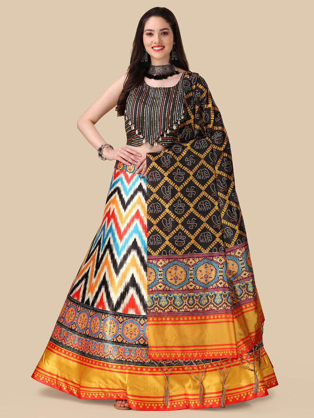 

Kaizen TEXO FAB Printed Semi-Stitched Lehenga & Unstitched Blouse With Dupatta, Black