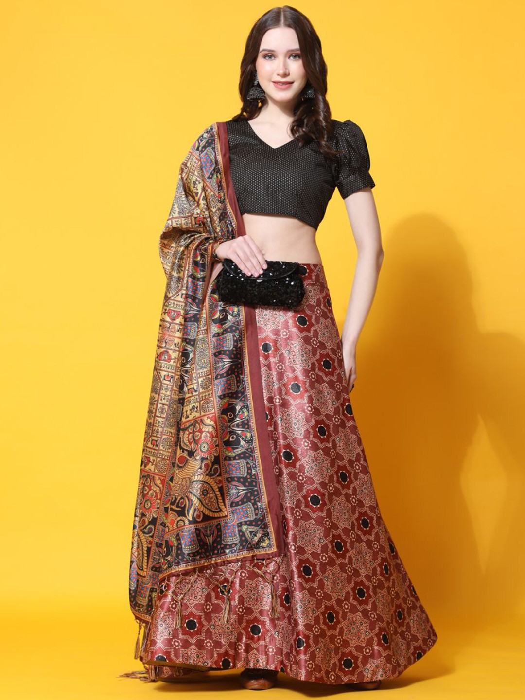 

Kaizen TEXO FAB Printed Semi-Stitched Lehenga & Unstitched Blouse With Dupatta, Black