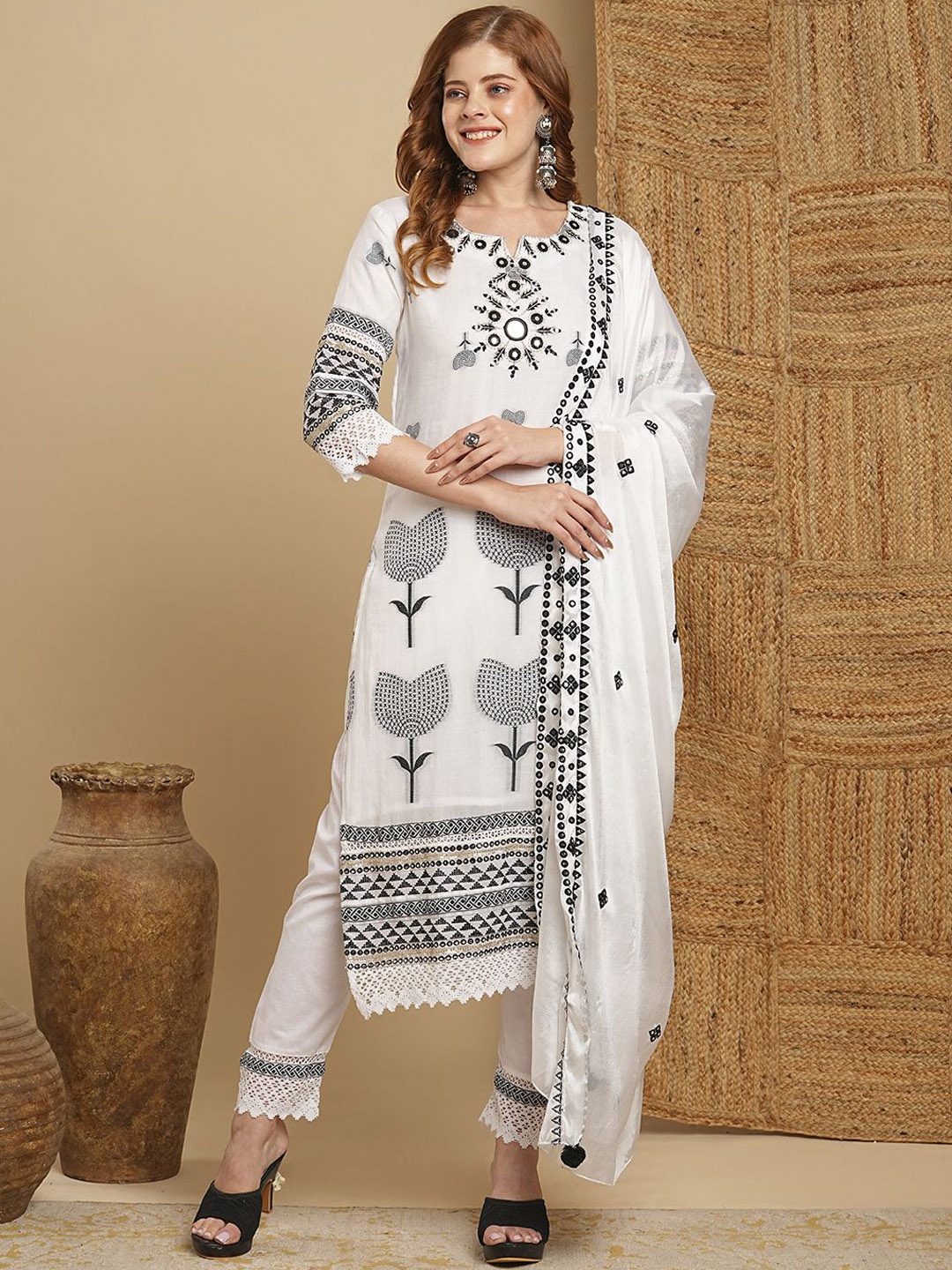 

FASHOR Ethnic Motifs Embroidered Mirror Work Pure Cotton Kurta With Trousers & Dupatta, White